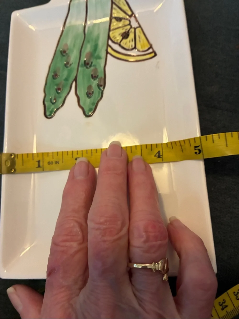 White Ceramic Serving Dish with Green Asparagus and Yellow Lemon Accent